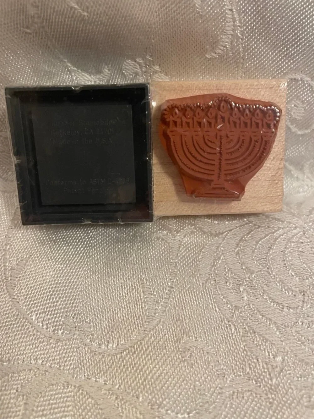 1996 Rubber Stampede Menorah Stamp with Wood Top  Royal Blue Prism Ink Pad Set